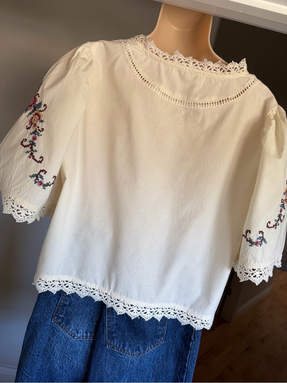 *SOLD* Jennifer & Grace Embroidered Cotton Peasant Blouse Boho Cottagecore L - Picture 7 of 14